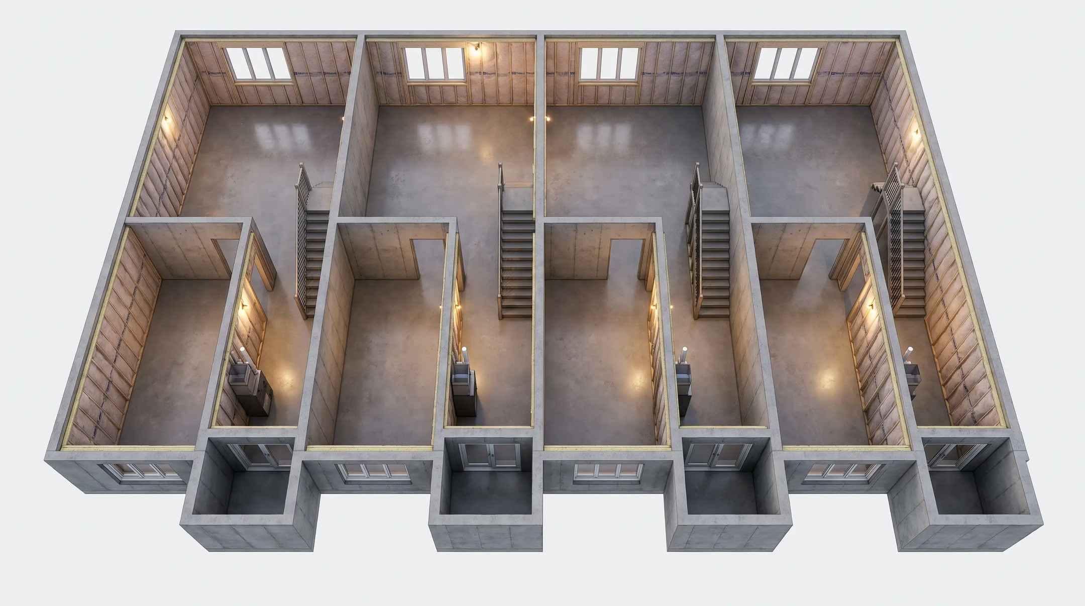 Shared R16 basement 3D building study showing all four attached units