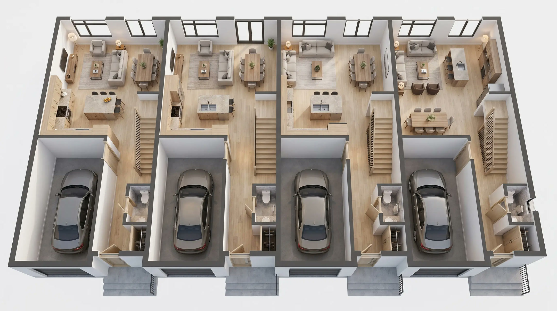 Shared R16 main-floor 3D building study showing all four attached units