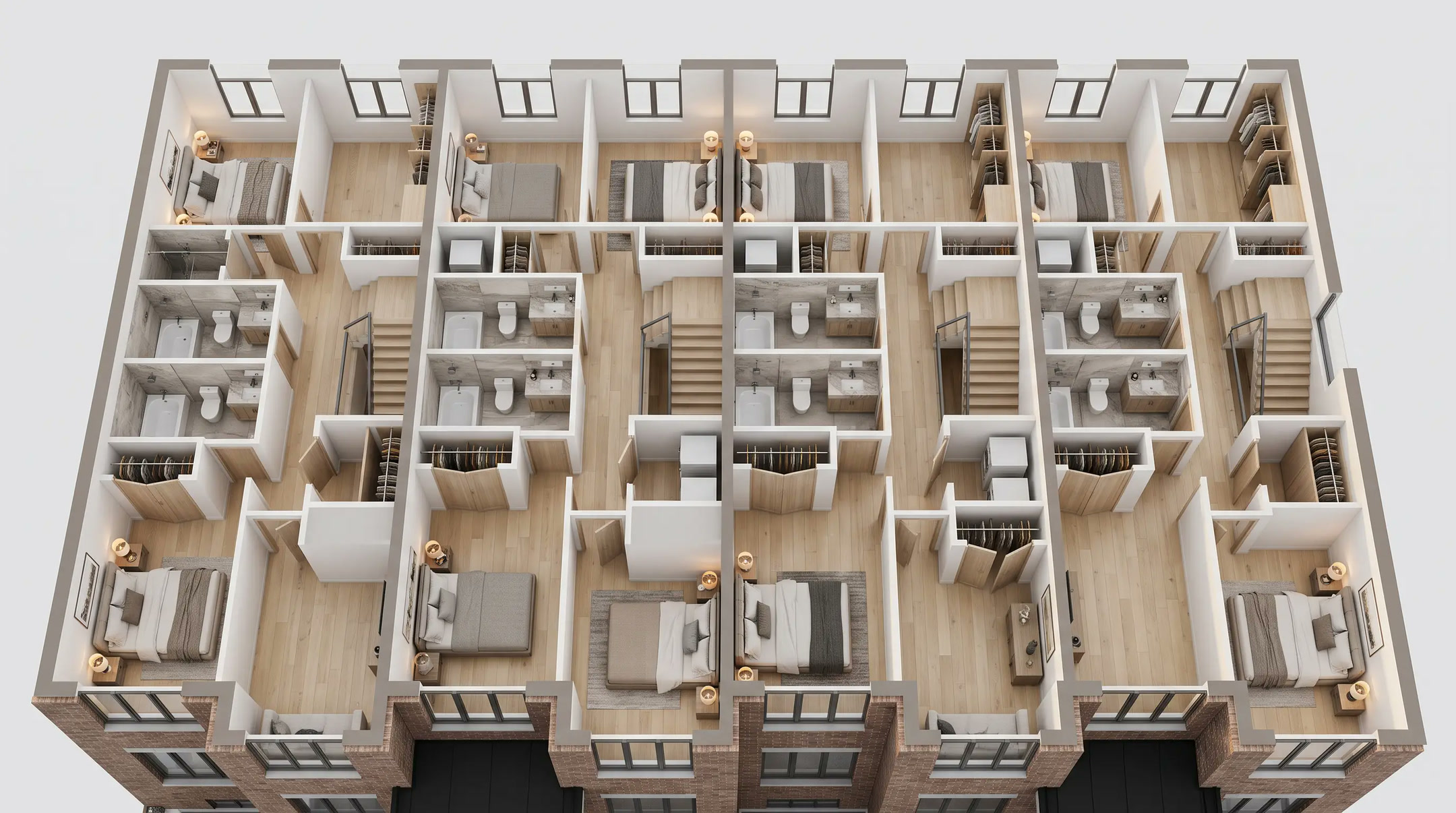 Shared R16 second-floor 3D building study showing all four attached units