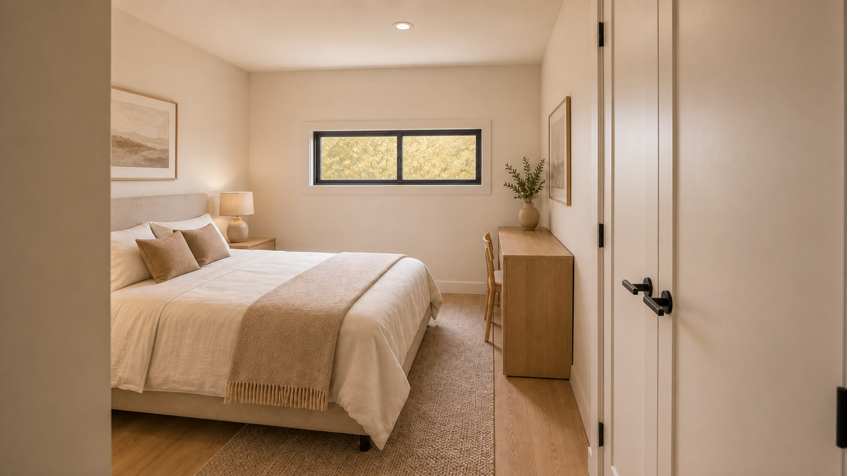 Haj Riyadh bedroom three with bed, desk, closet and exterior window