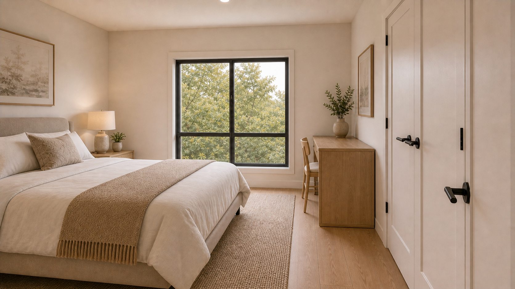 Haj Saad bedroom three with bed, desk, closet and exterior window