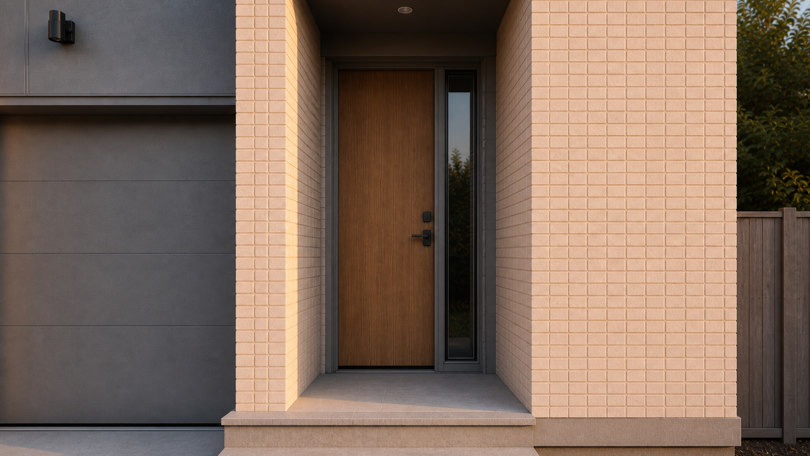 Haj Saad porch and front-door threshold viewed from the selected end-unit approach