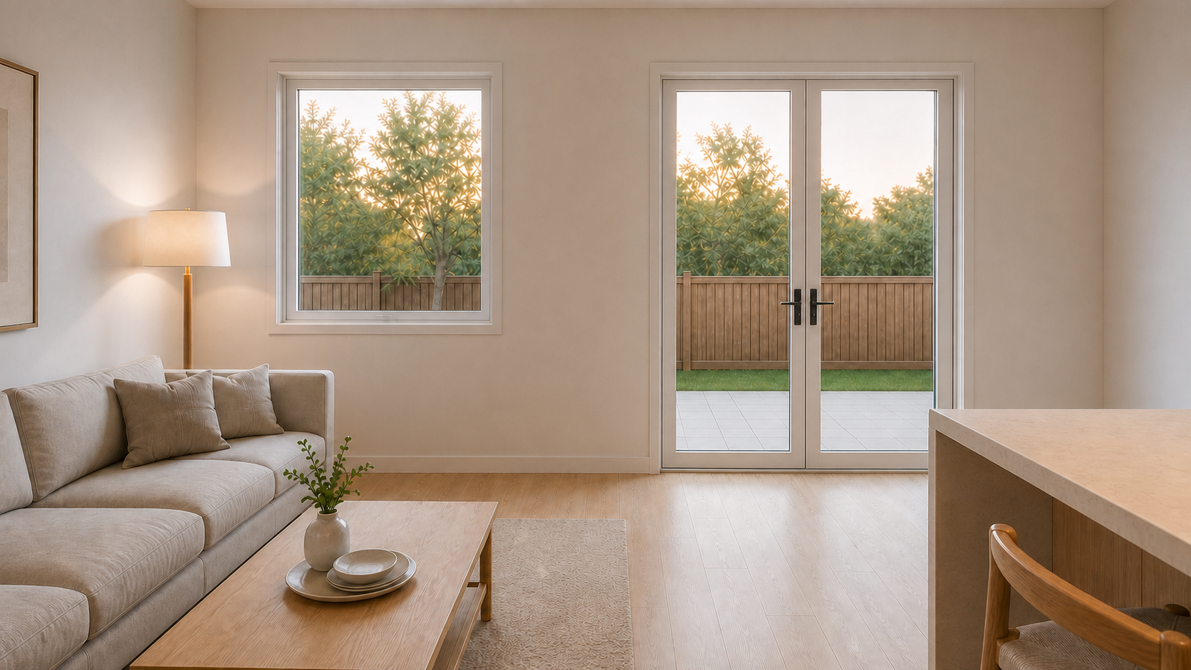 Haj Saad rear living area with window on the left and patio opening on the right