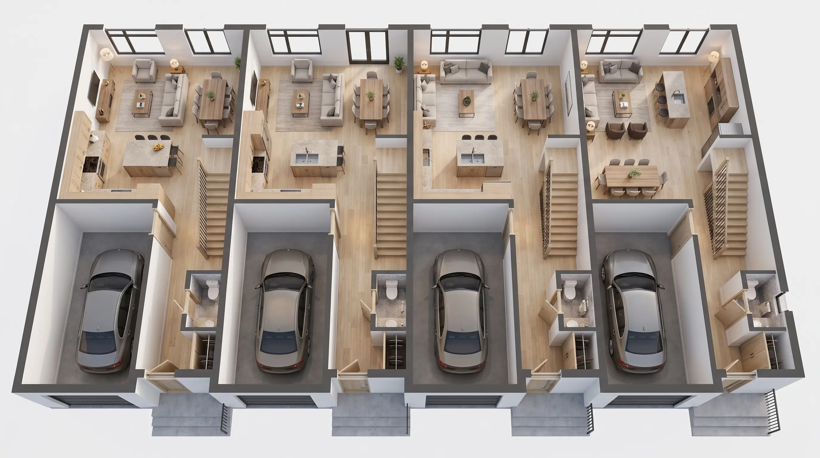 Photorealistic dollhouse rendering of the R16 townhouse main floor